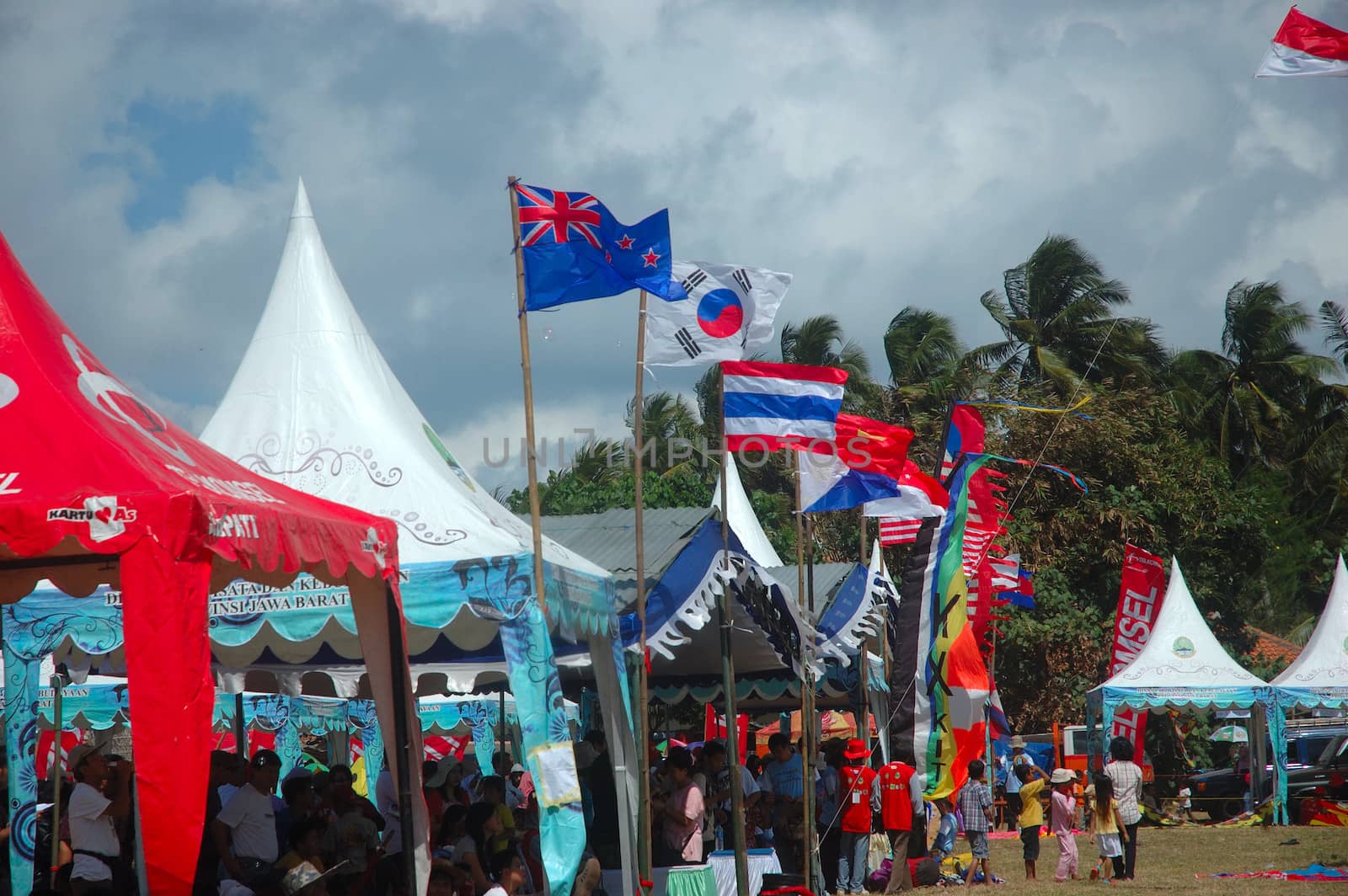 pangandaran, indonesia-july 16, 2011: participant booth at pangandaran international kite festival that held in east coast pangandaran beach, west java-indonesia.