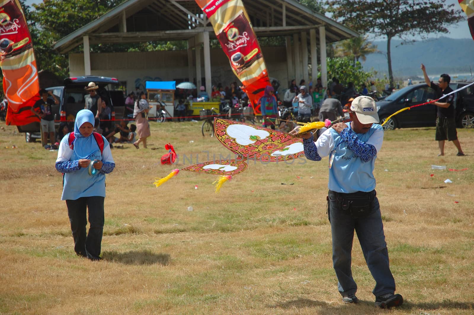 pangandaran, indonesia-july 16, 2011: various model of participant kite at pangandaran international kite festival that held in east coast pangandaran beach, west java-indonesia.