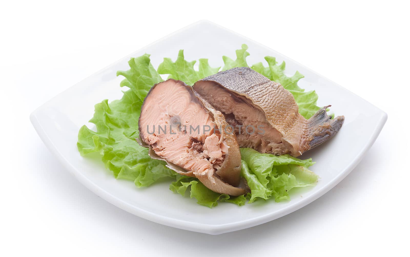 Pieces of smoked hunchback salmon with fresh green lettuce on the white plate