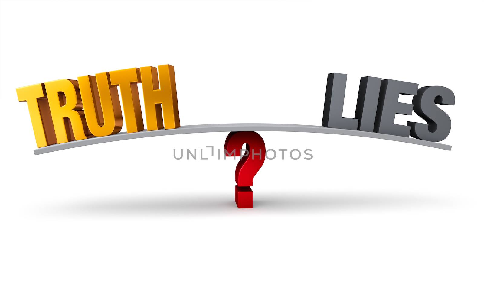 Bright, gold "TRUTH" and dark, gray "LIES" sit on opposite ends of a gray board balanced on a red question mark. Isolated on white.