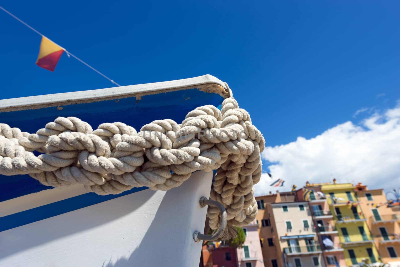 Bow of the boat adorned with knotted rope in San Terenzo, Lerici, Liguria, Italy