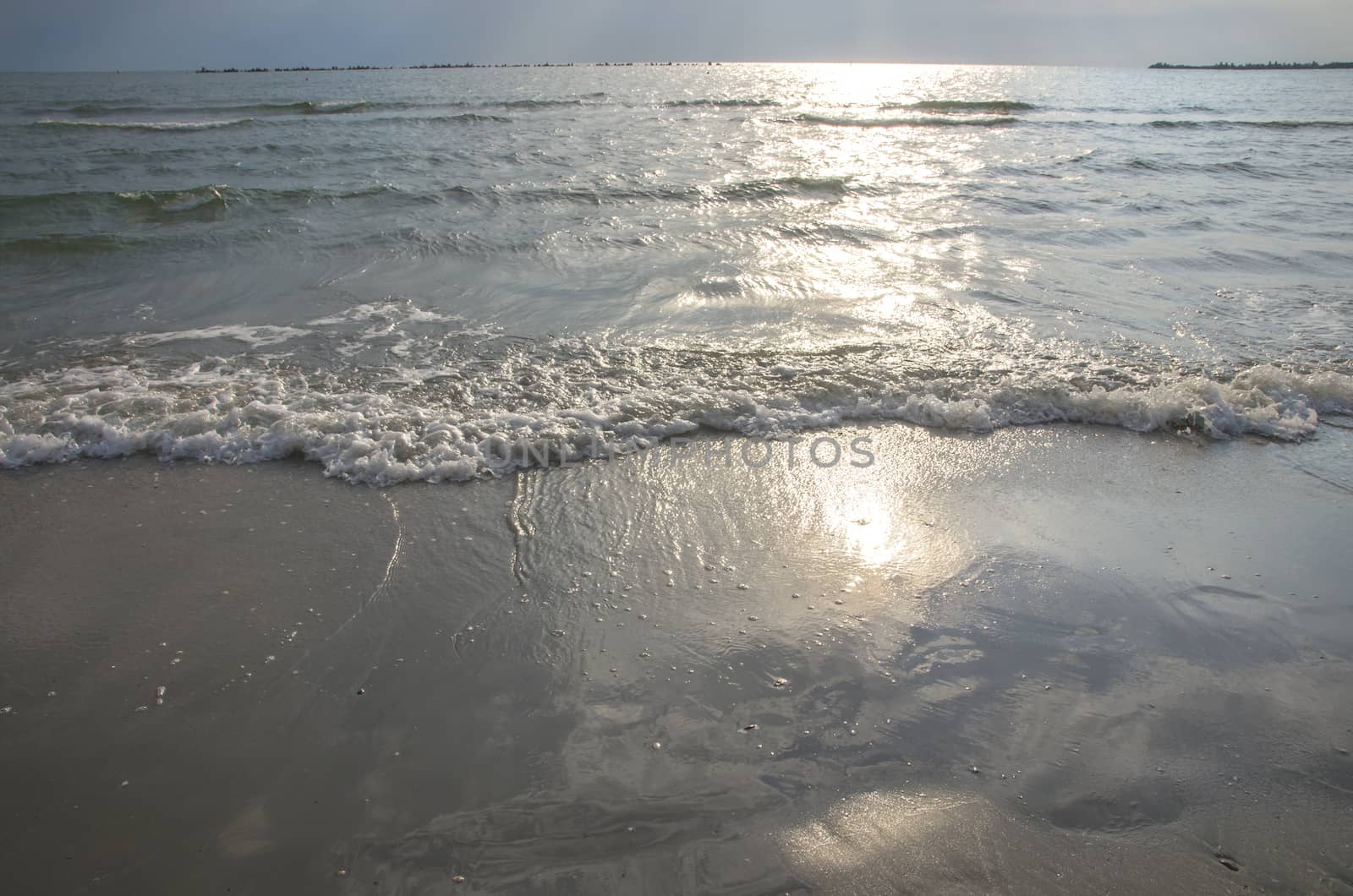 Sunny wave breaking on the beach, summer landscape