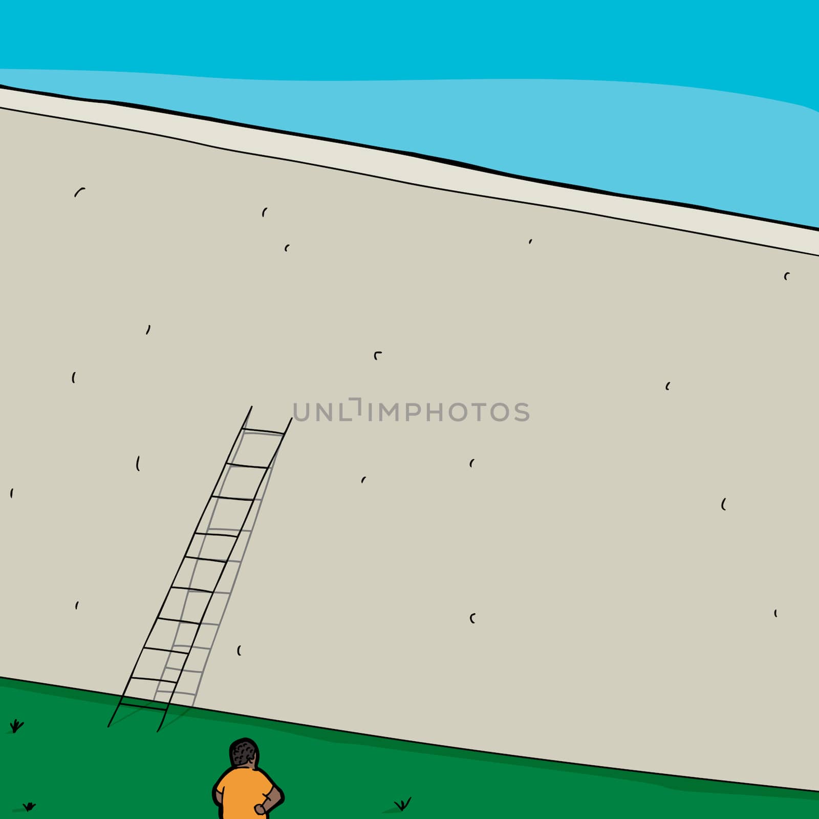 Frustrated man in front of wall with short ladder