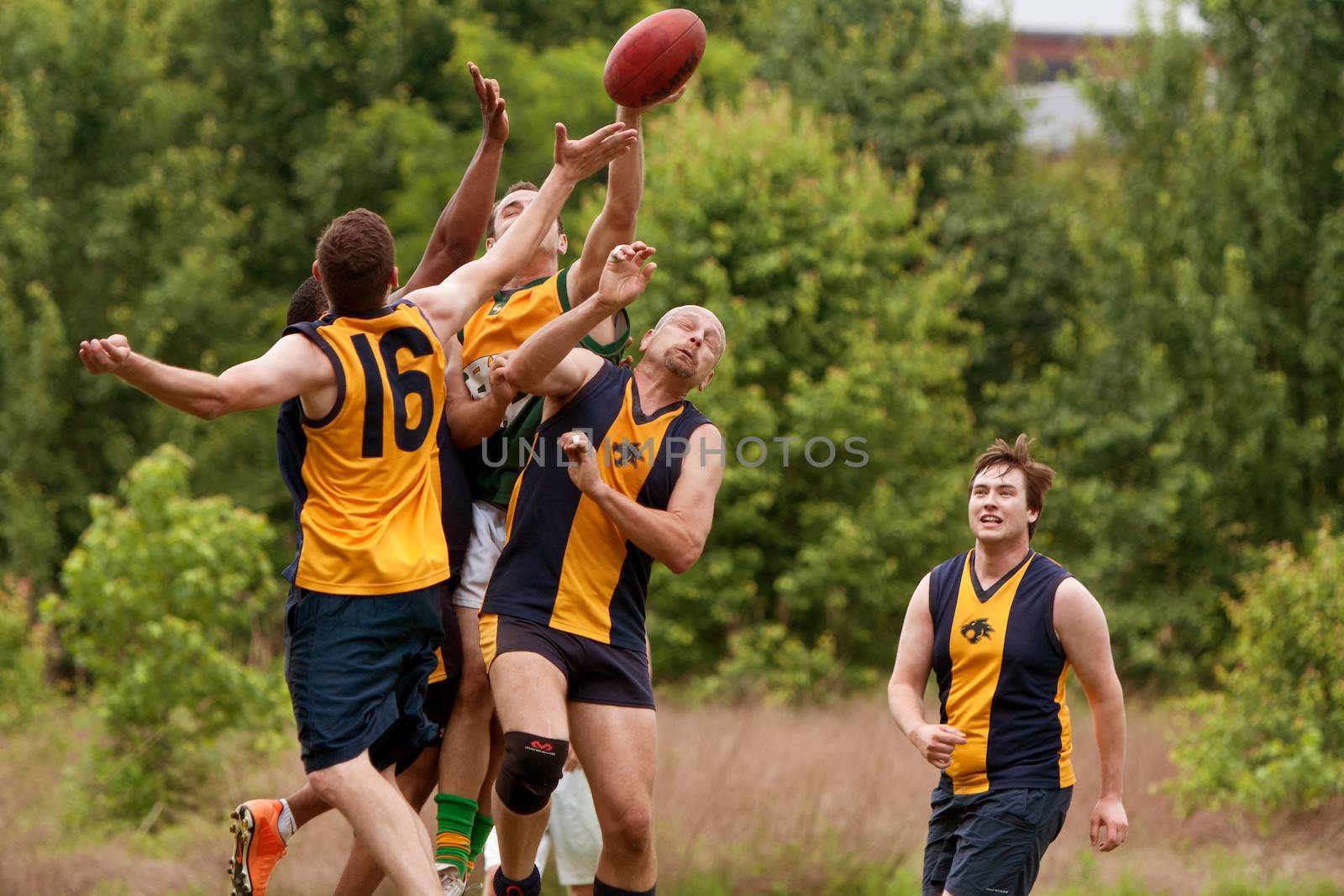 Players Jump To Catch Ball In Australian Rules Football Game by BluIz60
