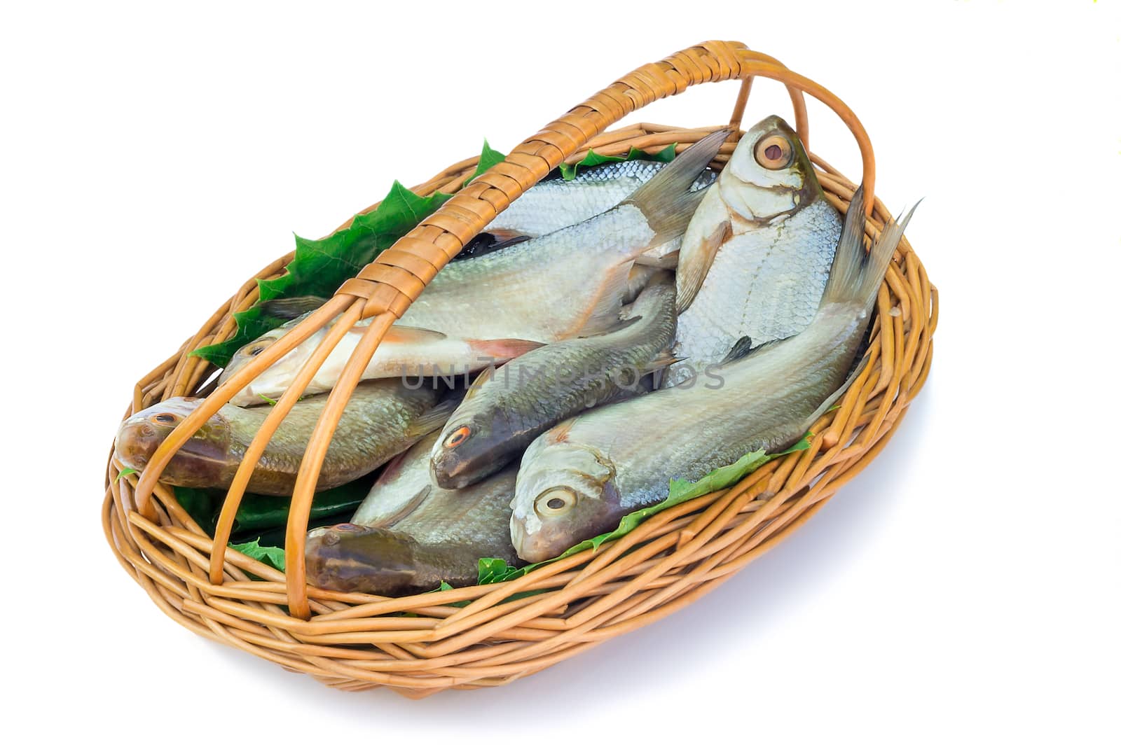 In a small wattled basket there is fish hooked in the river.
It is presented on a white background.