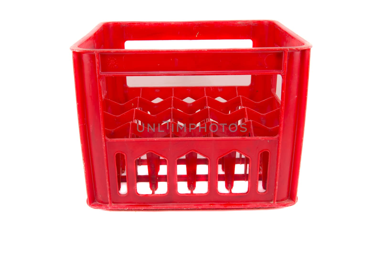 red plastic storage box crate on a white background