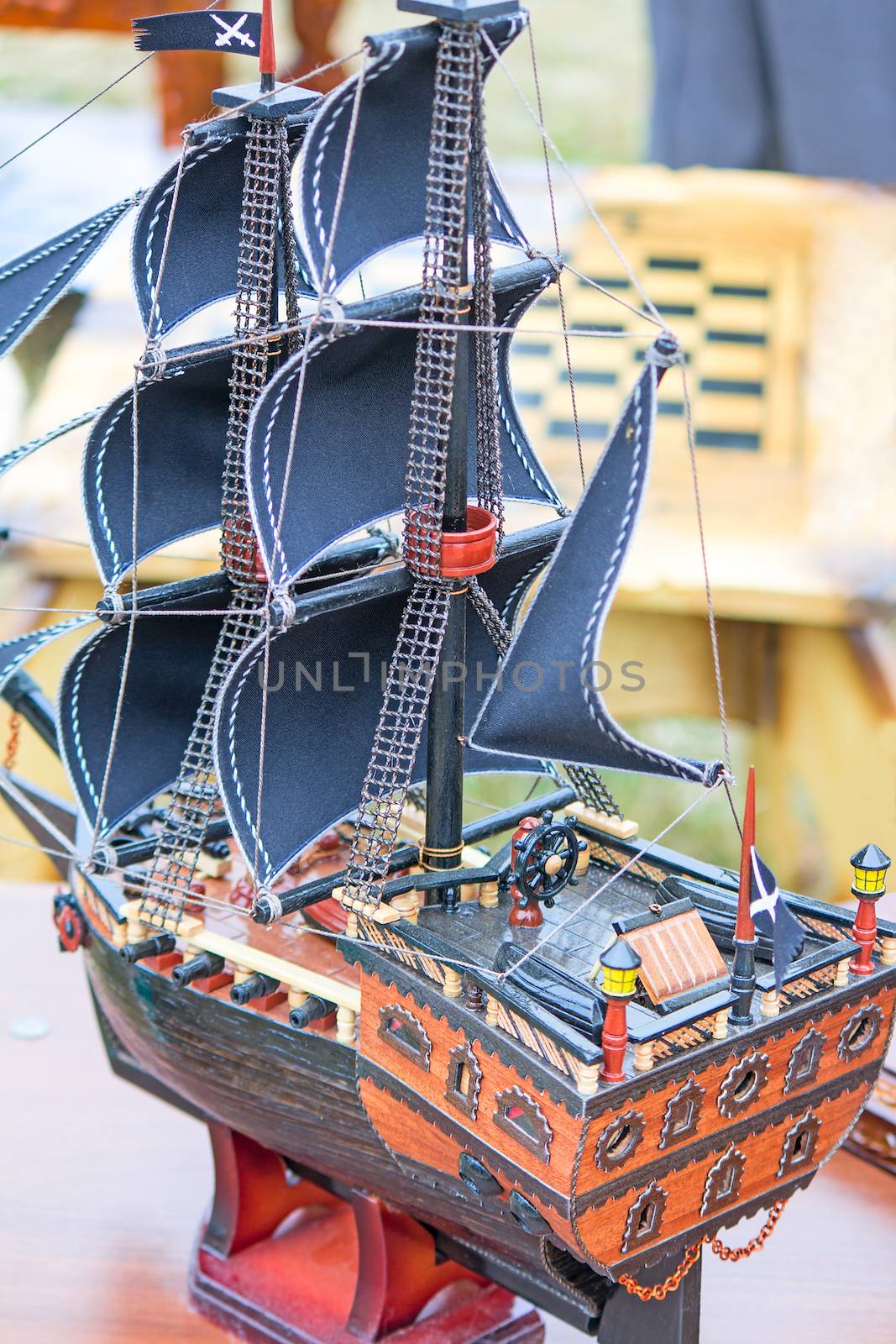The model of a sailing vessel is photographed by a close up by georgina198