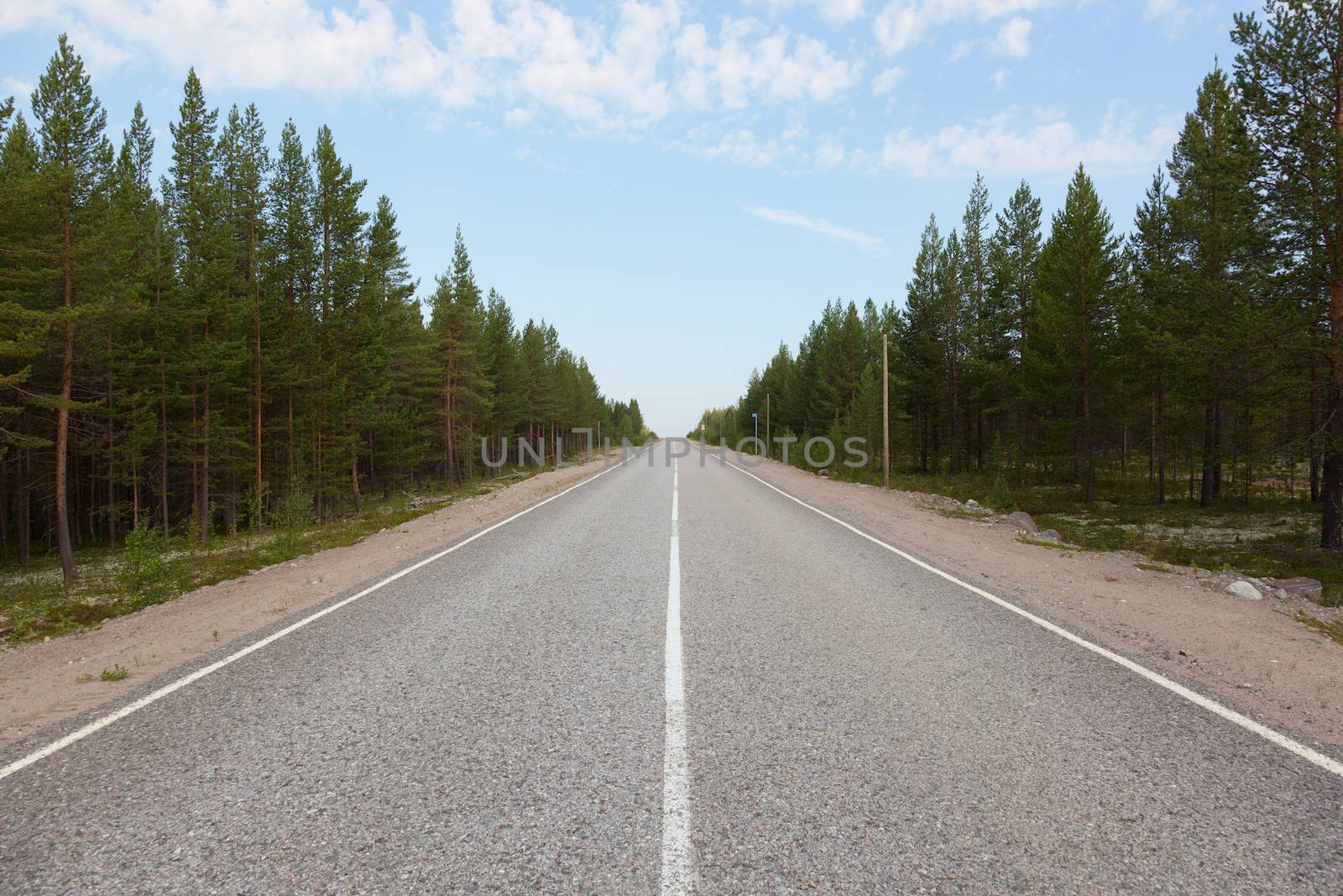 Long road stretching out into the distance under a blue sky. Road to Umba 