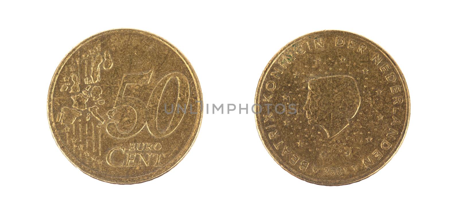 Fifty euro cent on white background, front and back