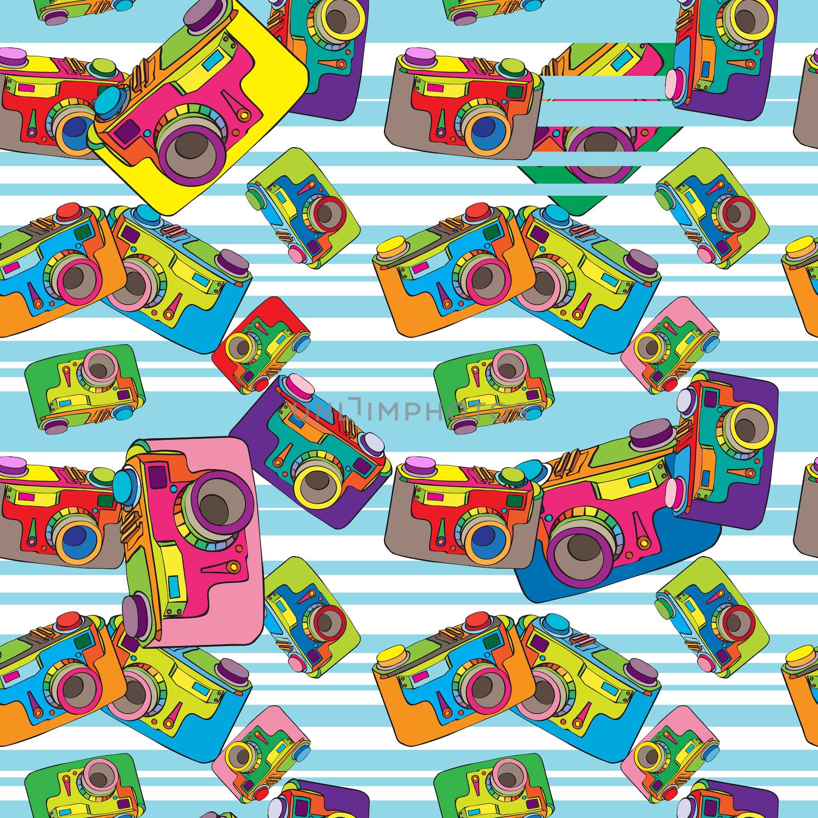 Hand drawn doodle illustration of a seamless pattern with a vintage camera in different colors over a striped background