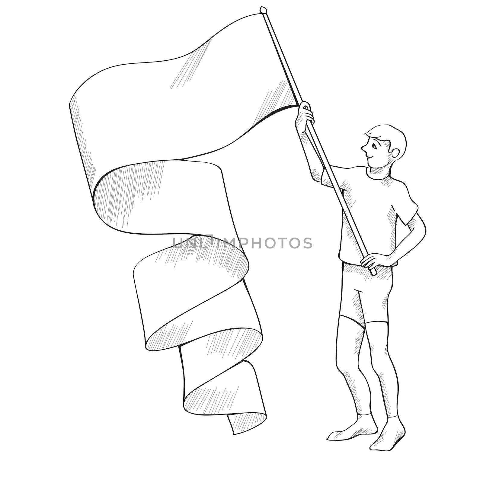 Flag bearer hand drawn cartoon illustration over white