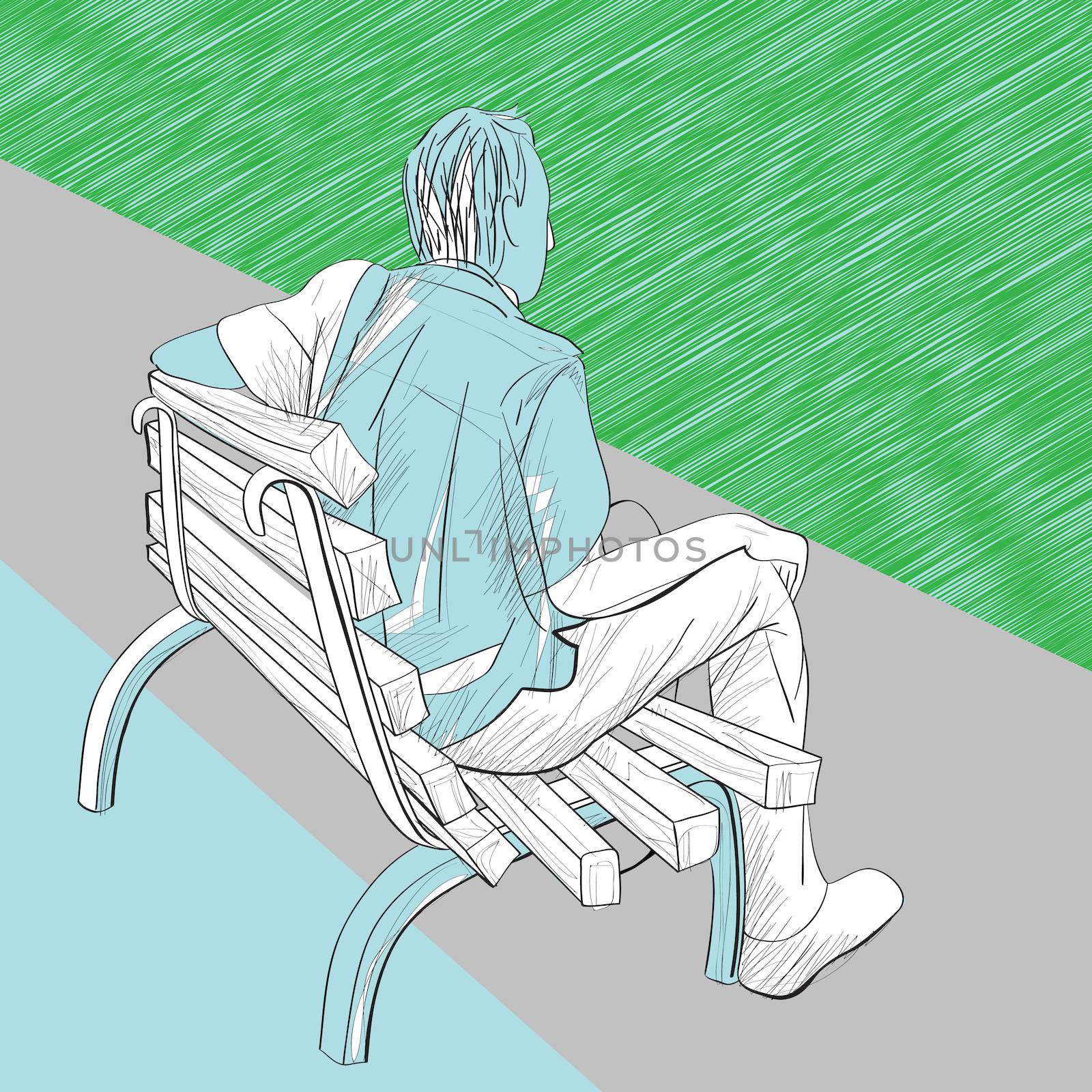 Hand drawn illustration of a men on a bench, artistic composition 
