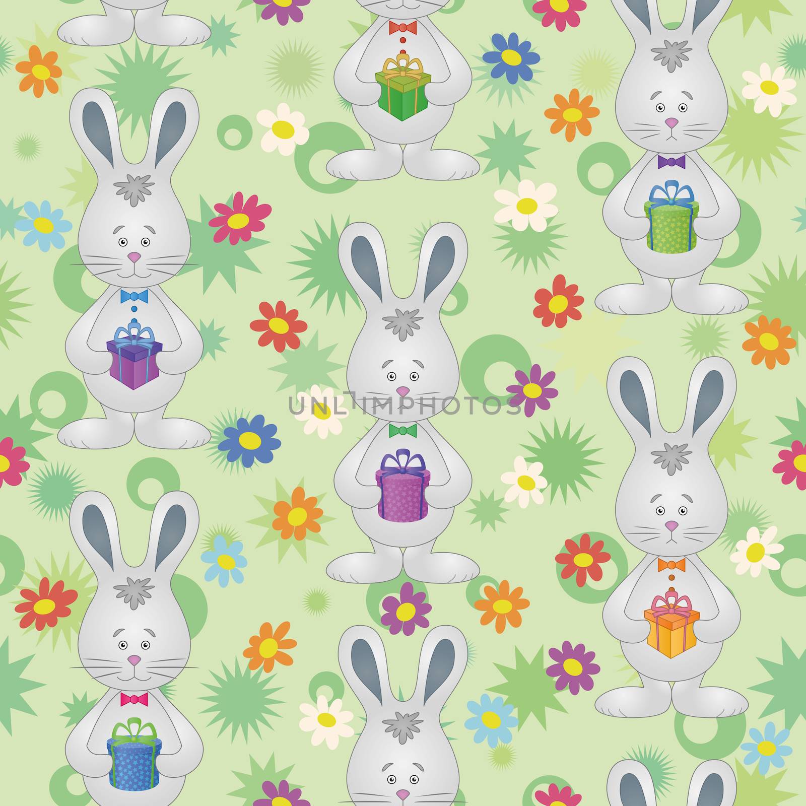 Seamless pattern, cartoon Easter Bunnies with gift boxes on a floral background.