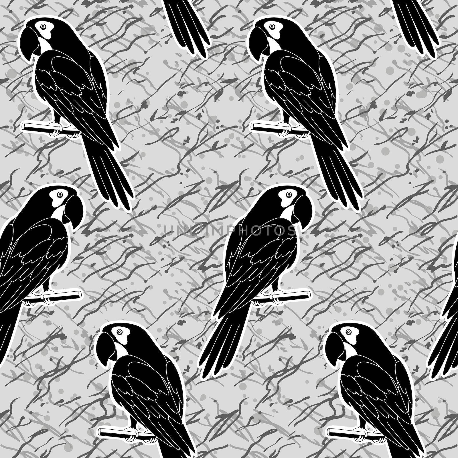 Seamless pattern, cartoon black and white silhouettes parrots on abstract grey background.