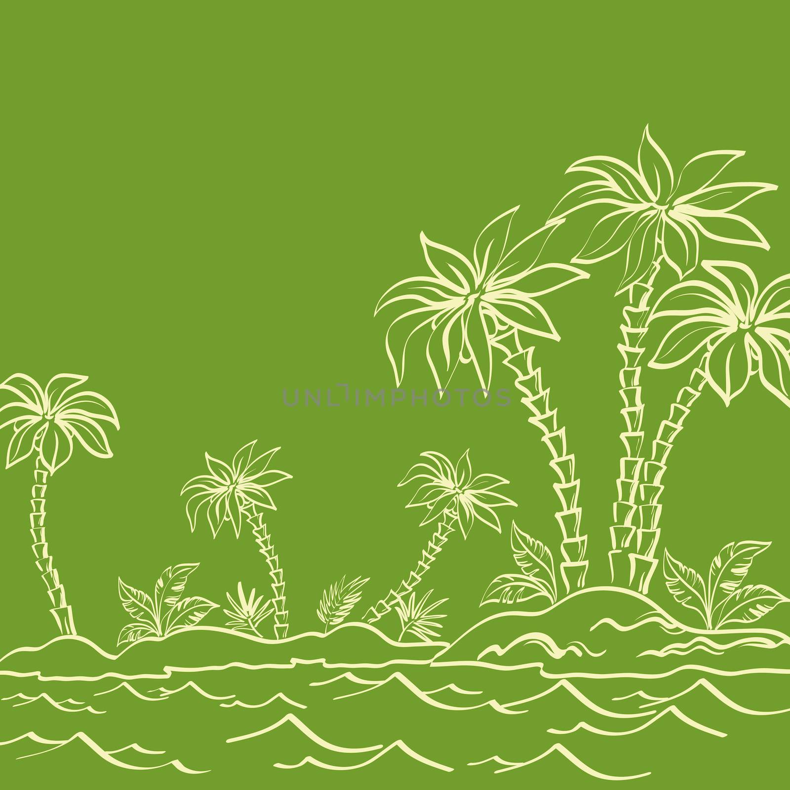 Sea island with palm trees contours on green by alexcoolok