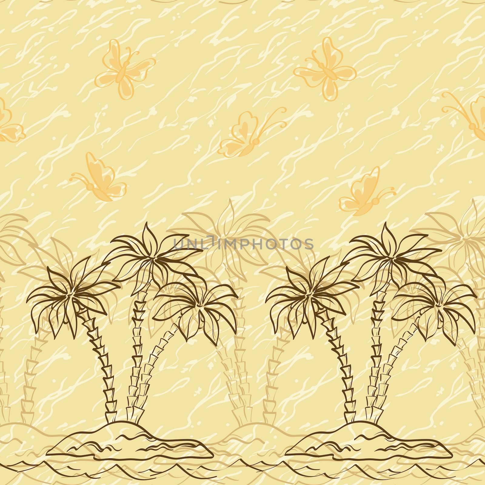 Seamless background, palm trees and butterflies contours and abstract pattern.