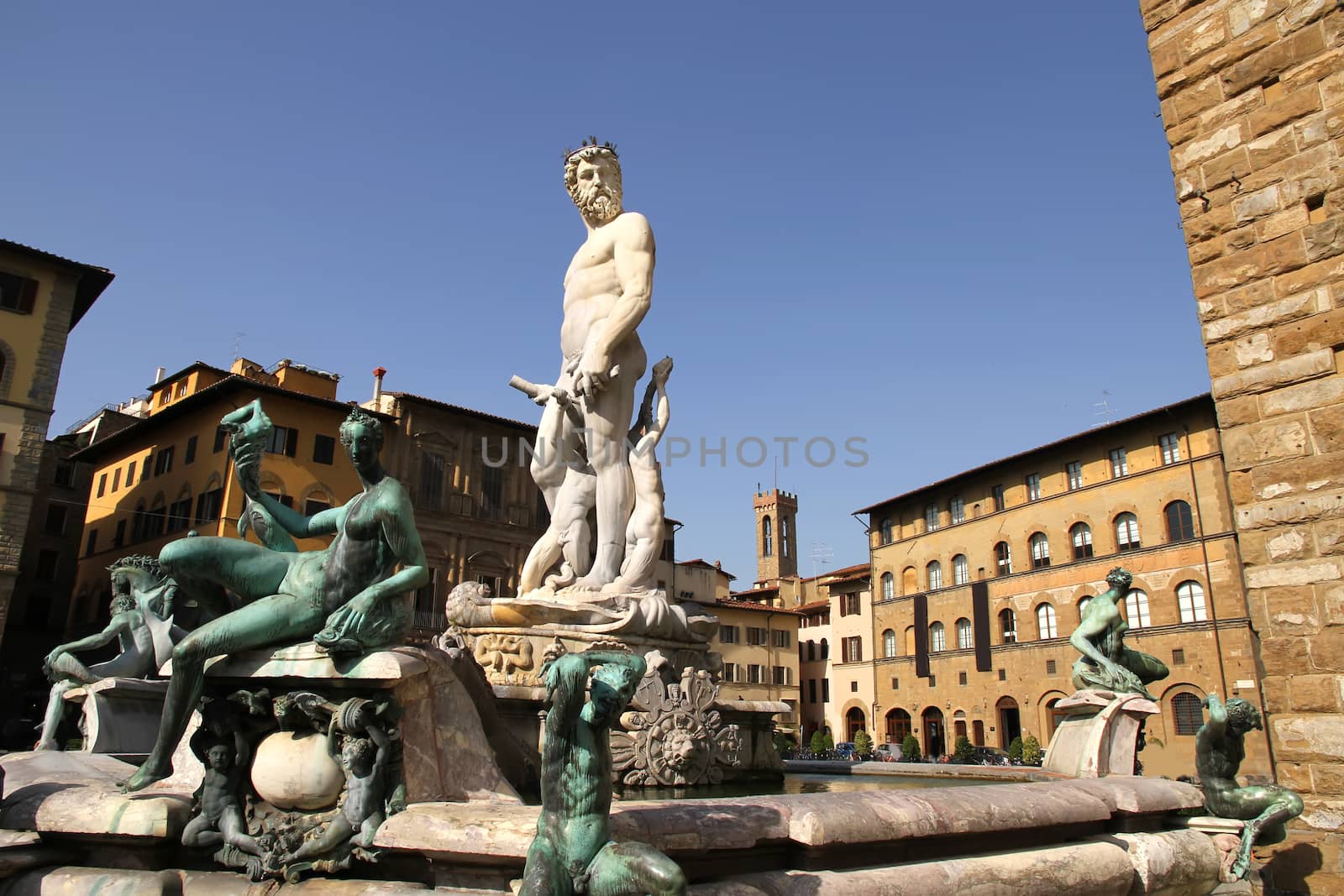 Statue on the Fountain of Neptune on the Piazza della Signoria in Florence, Italy, Europe.