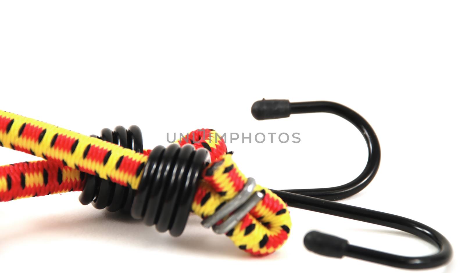 Stock pictures of bungee cords with steel hooks of several colors