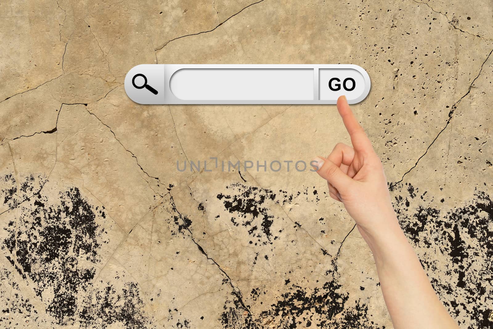 Human hand indicates the search bar in browser. Aged brown cemented floor on background