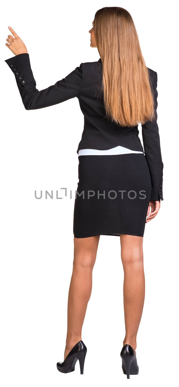 Businesswoman pointing her finger upward. Rear view. Isolated on a white background