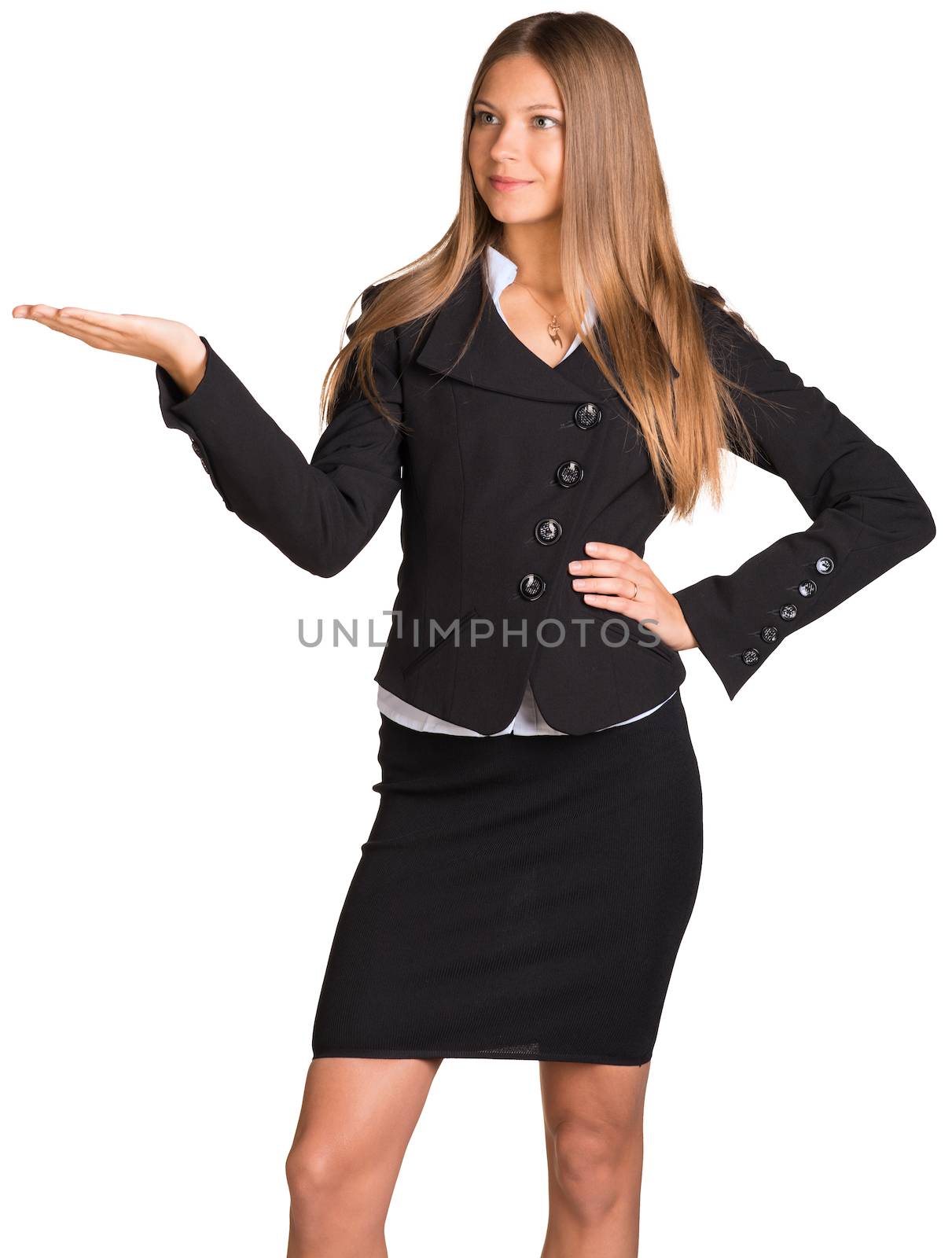 Businesswoman points hand toward. Isolated on white background