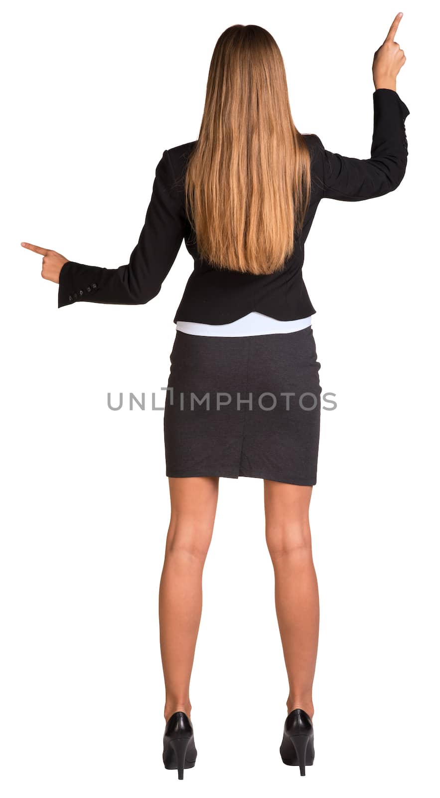 Businesswoman pushing fingers in opposite directions by cherezoff