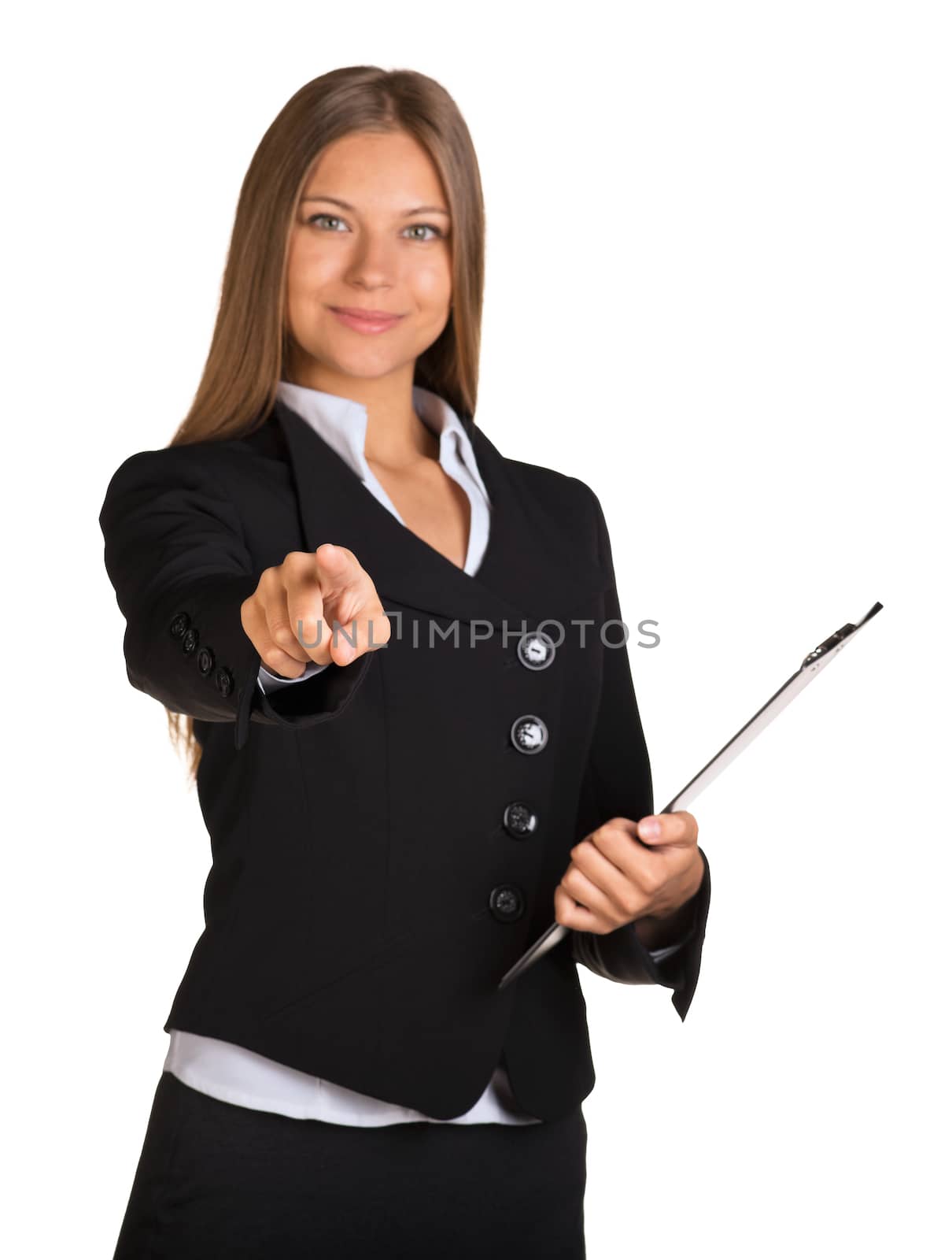 Businesswoman holding paper holder and indicate forward. Isolated on white background