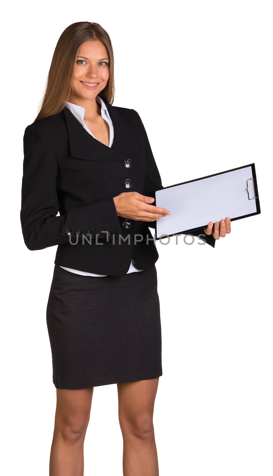 Businesswoman holding paper holder. Isolated on white background