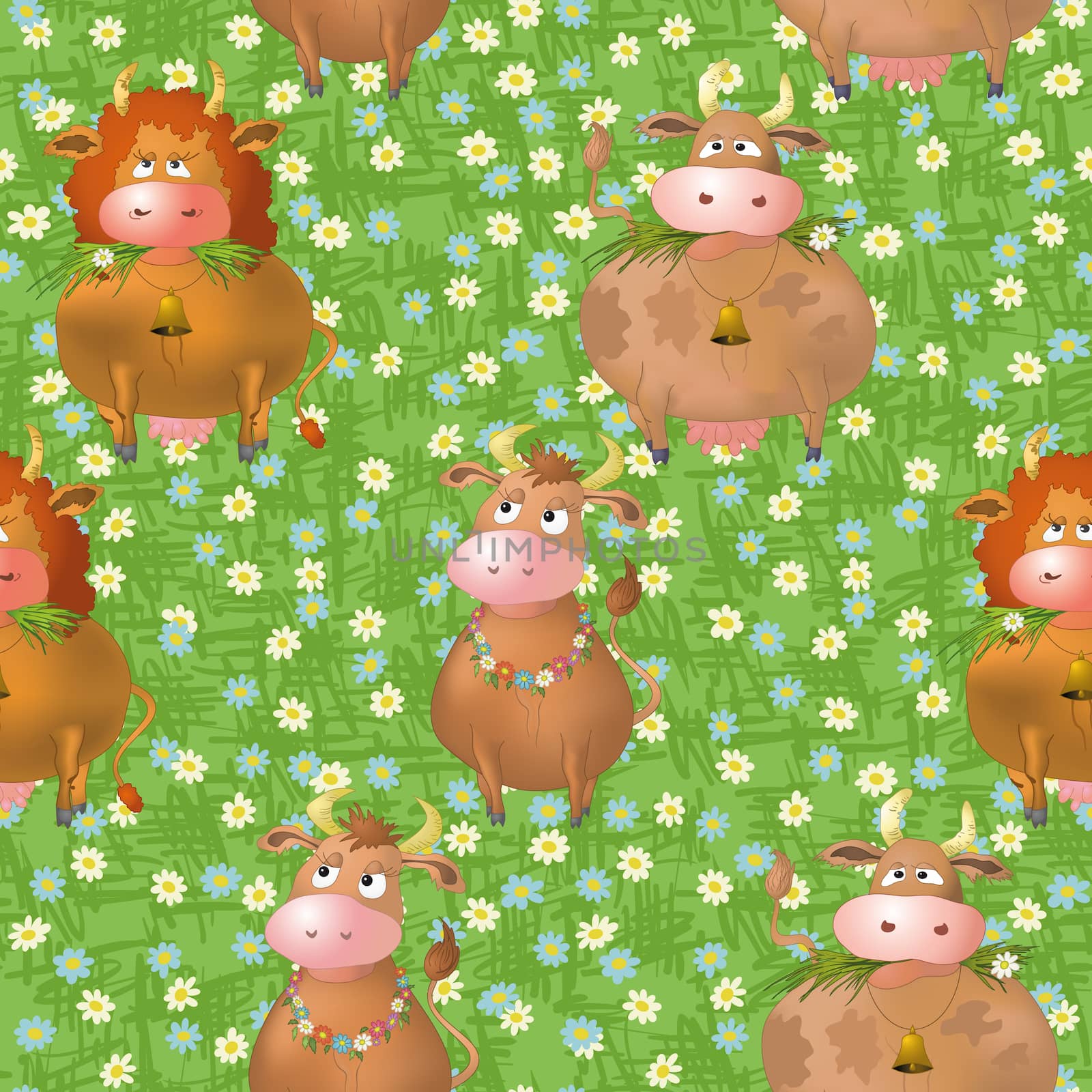 Seamless pattern, cartoon cows on a meadow by alexcoolok
