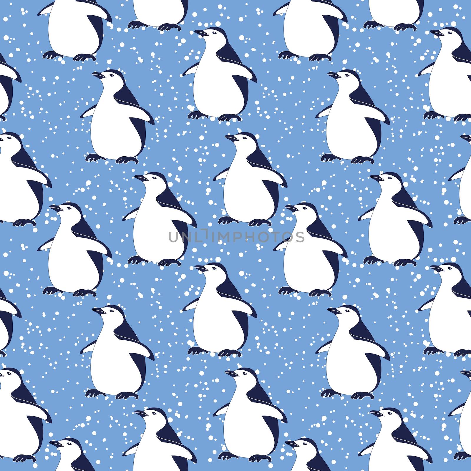 Seamless pattern, cartoon Antarctic penguins on a blue background with snowflakes.