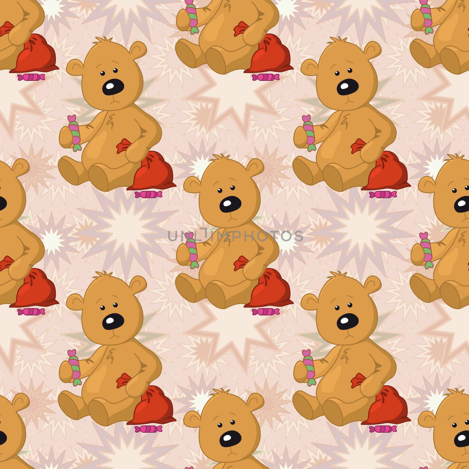 Seamless pattern, teddy bear with Christmas bag by alexcoolok