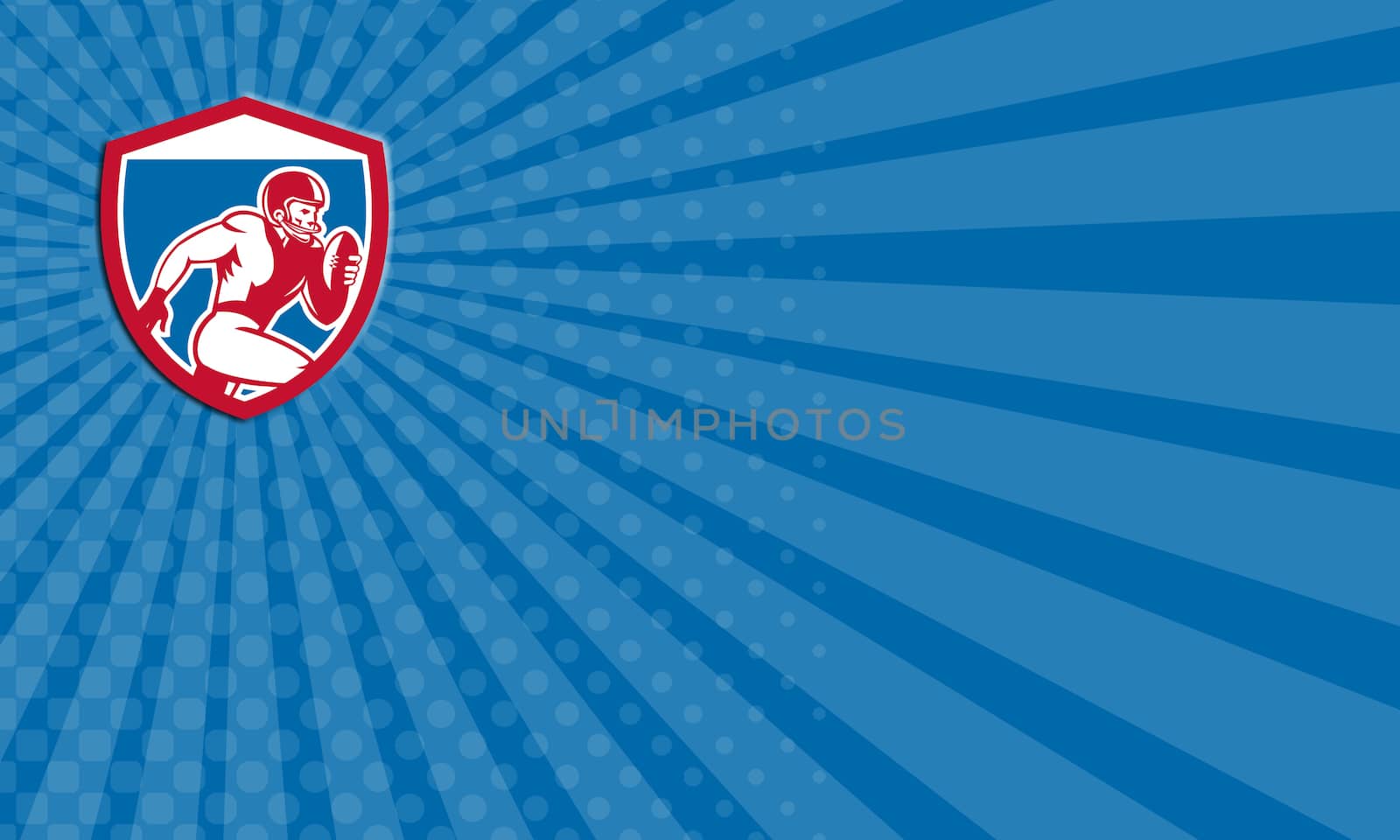 Business card showing illustration of an american football gridiron player running with ball facing side set inside shield crest on isolated background done in retro style.