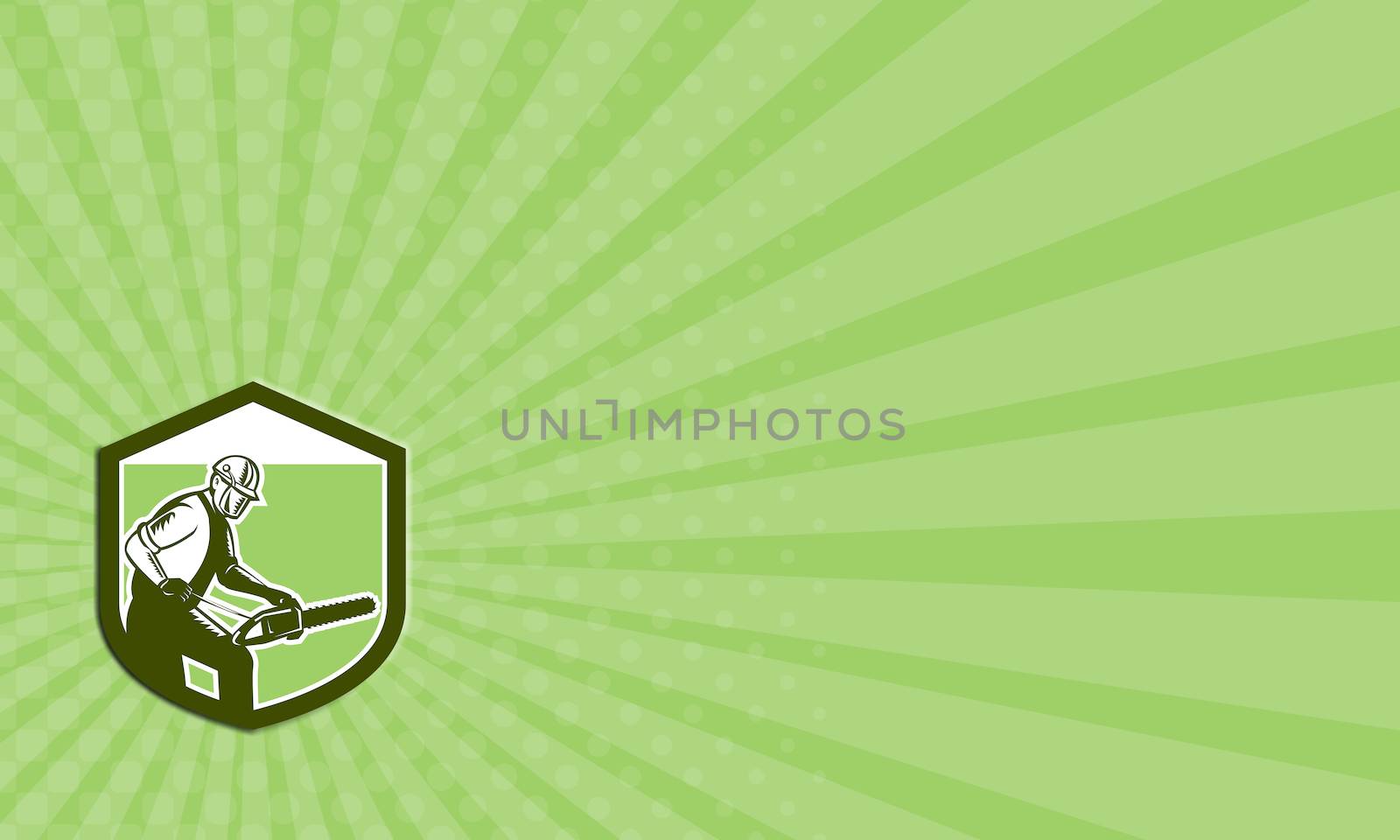 Business card showing illustration of arborist tree surgeon lumberjack holding a chainsaw set inside crest shield on isolated white background done in retro woodcut style. 