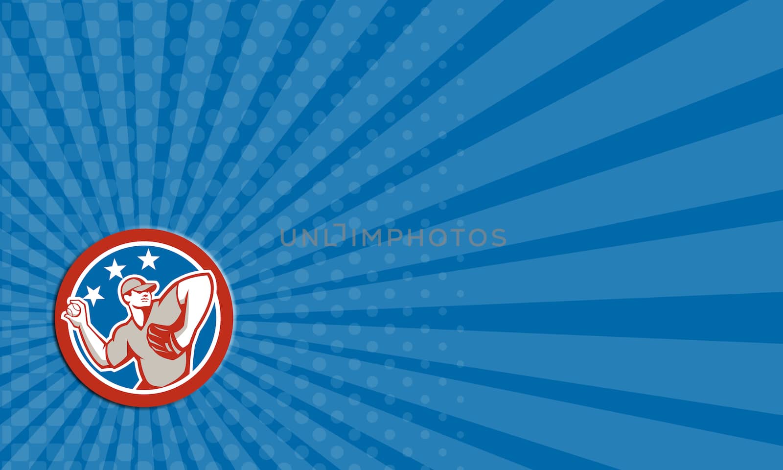 Business card showing illustration of a american baseball player pitcher outfilelder throwing ball with stars in the background done in retro style. 