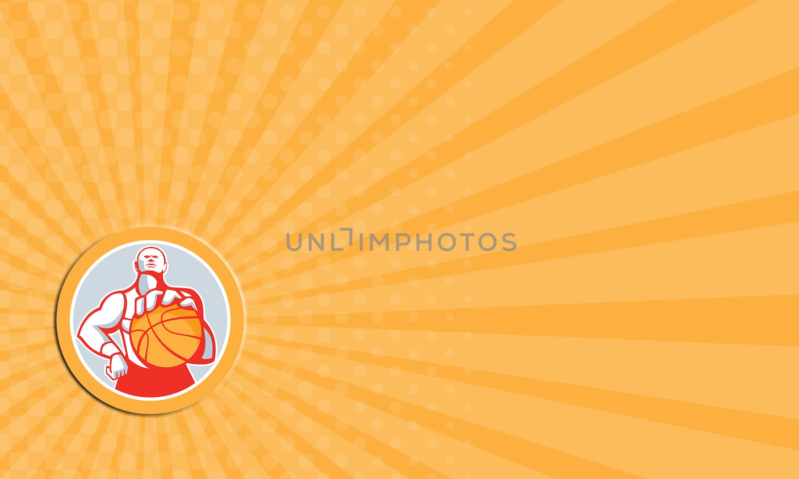 Business card showing illustration of a basketball player with ball facing front set inside circle on isolated white background done in retro style. 