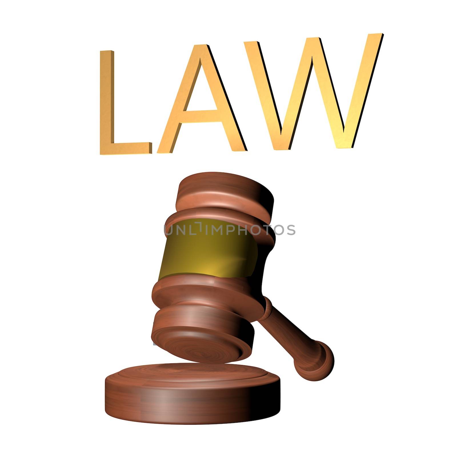 Law over judge's gavel, isolated over white, 3d render