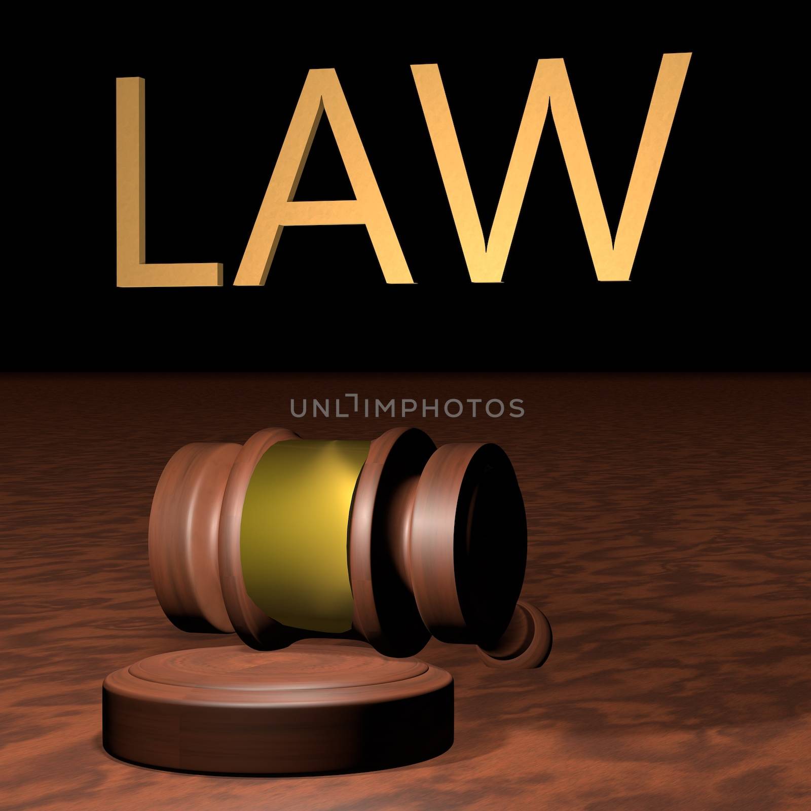 Law over judge's gavel, wooden background, 3d render