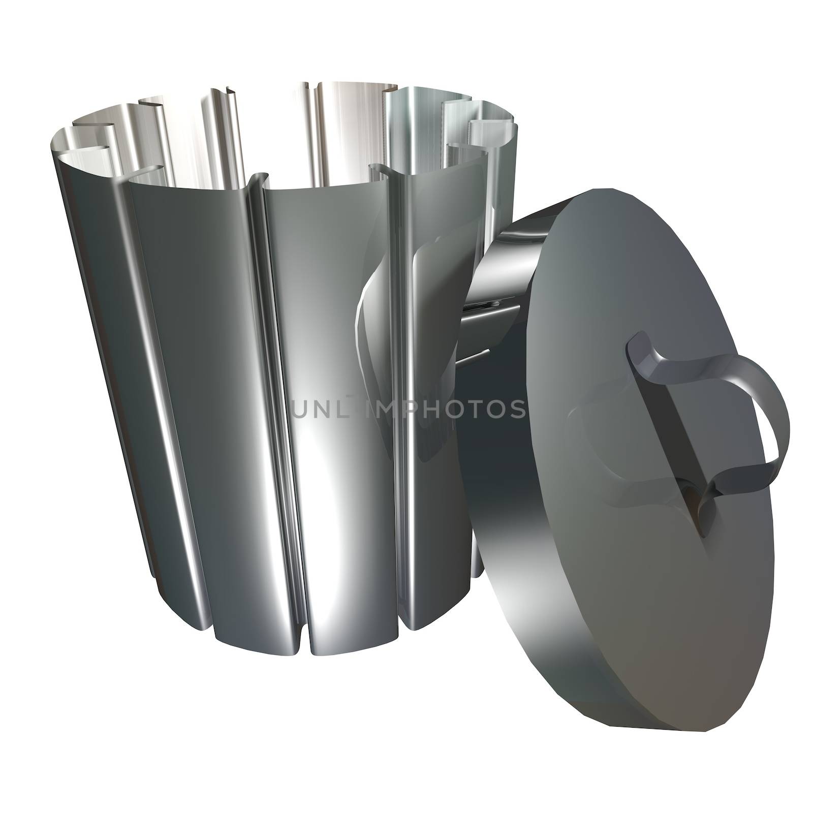 Metallic trash can, isolated over white, 3d render