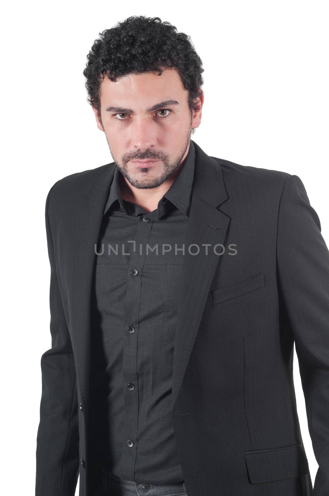 Young cute guy in black isolated on white background