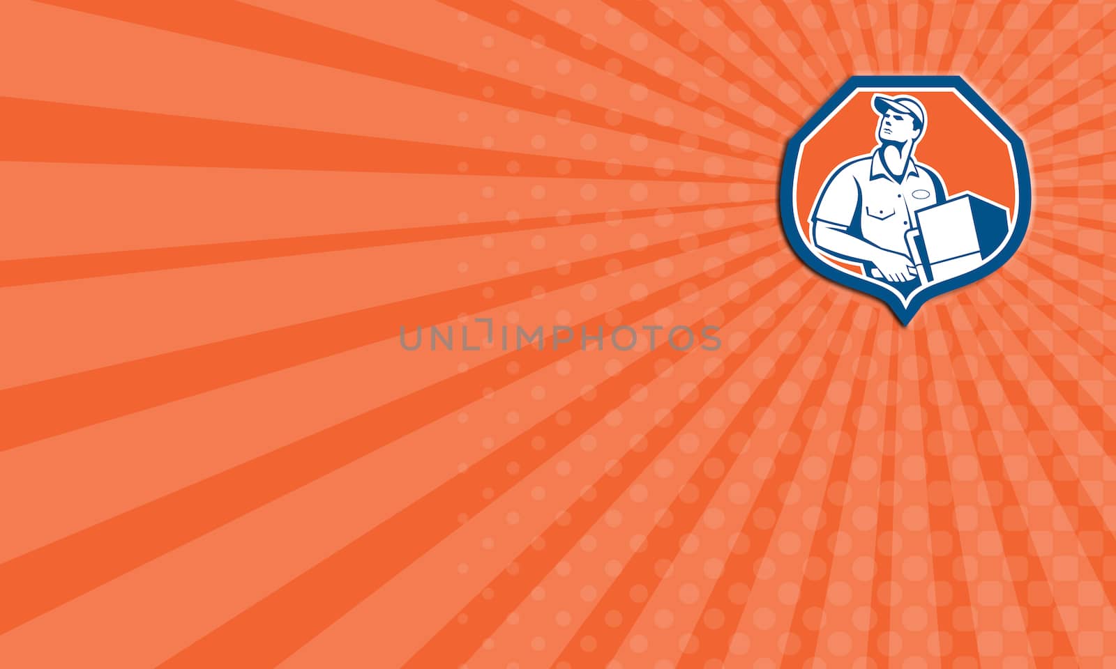 Business card showing illustration of a delivery worker delivering parcel package carton box showing on a dolly hand trolley set inside shield crest on isolated background done in retro style.