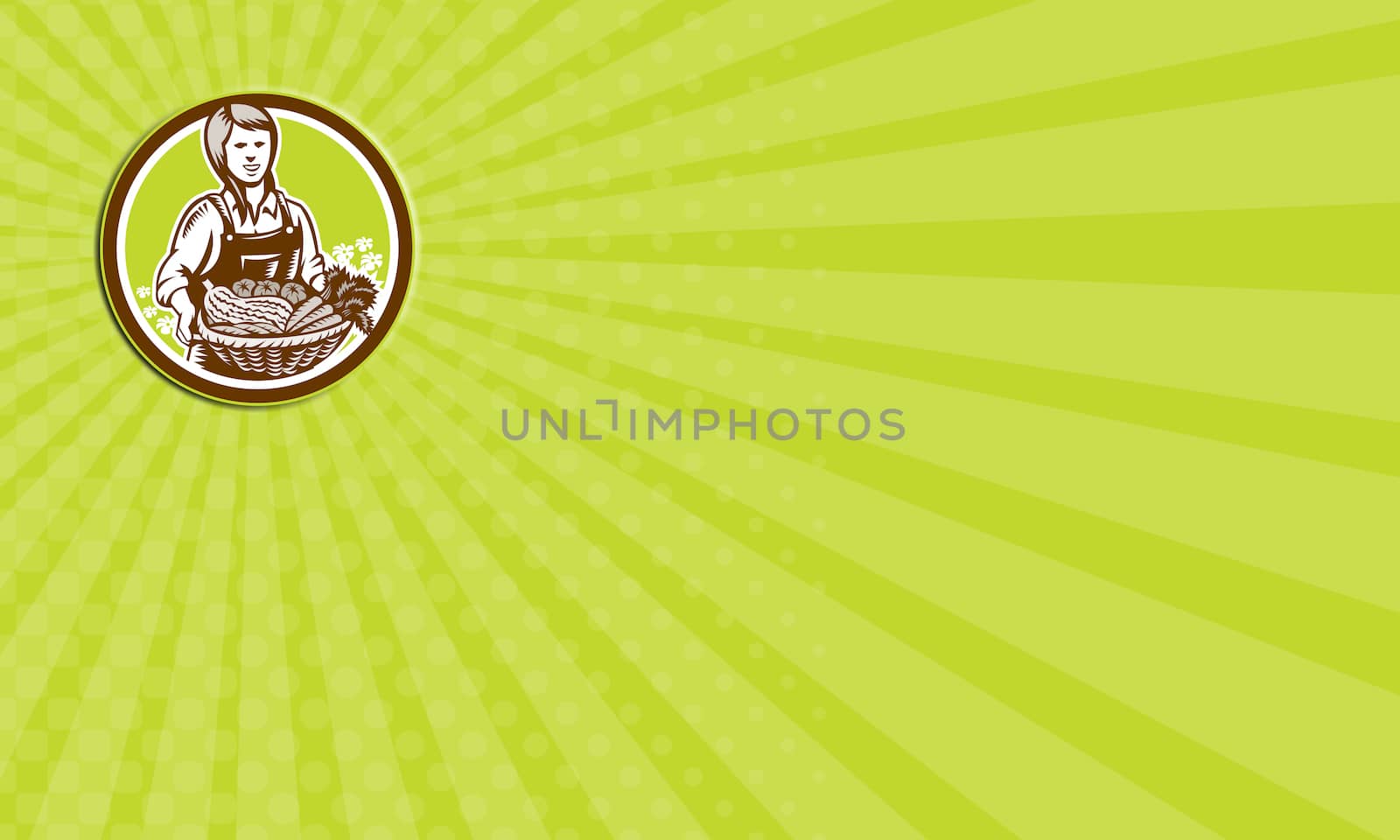 Business card showing illustration of female organic farmer with basket of crop produce harvest fruits vegetables facing front set inside circle done in retro woodcut style.