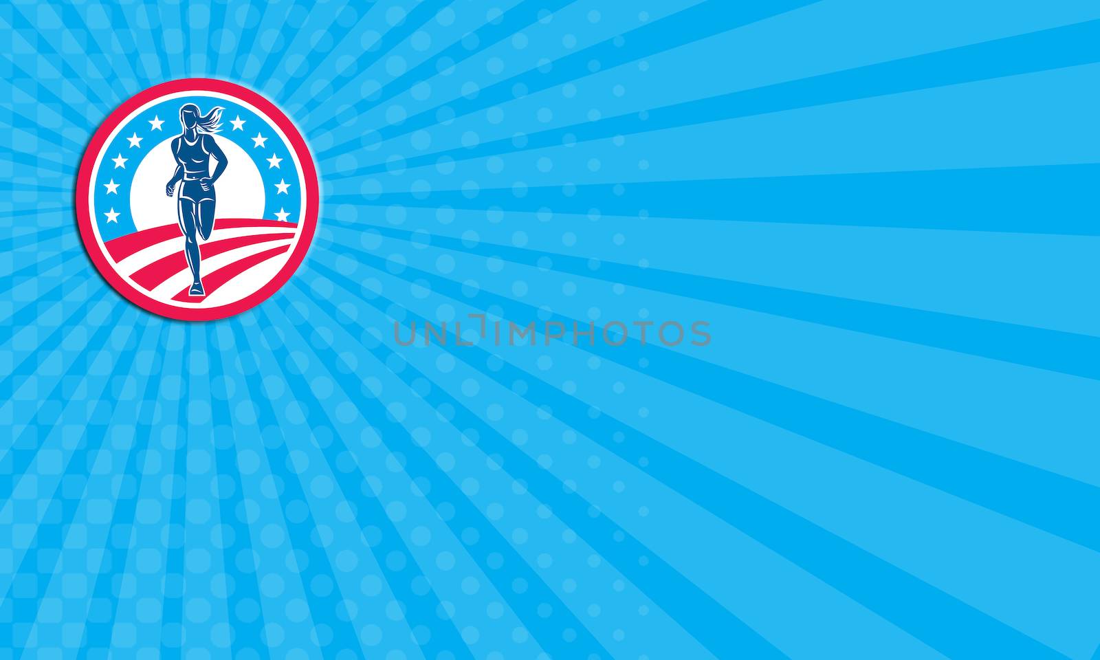 Business card showing illustration of an american marathon triathlete runner running winning finishing race set inside circle with stars and stripes in the background done in retro style.