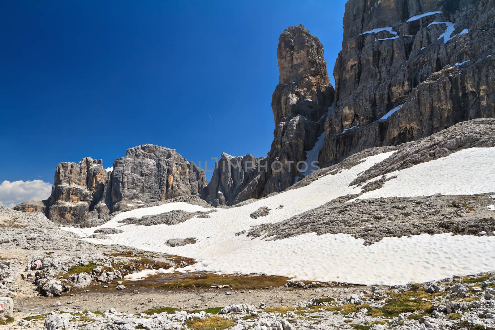 summer landscape in Sella mountain, on background Piz da Lech peak, Alto Adige, Italy