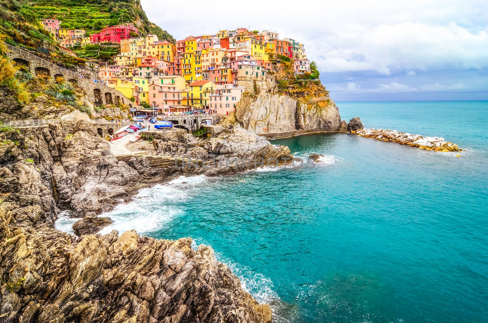 Scenic view of colorful village Manarola in Cinque Terre, Italy