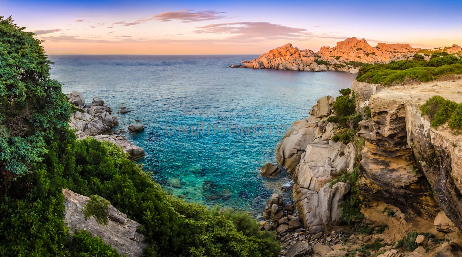 Panoramic landscape view at rocky ocean coastline, Capo Testa, Sardinia, Italy