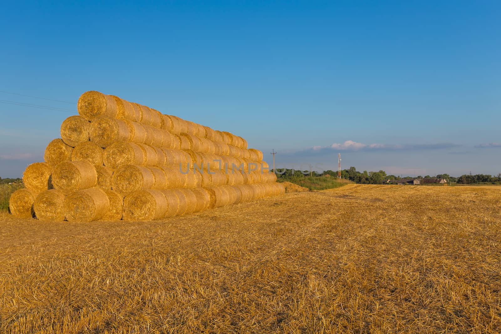 Piled hay bales on a field against blue sky at sunset time