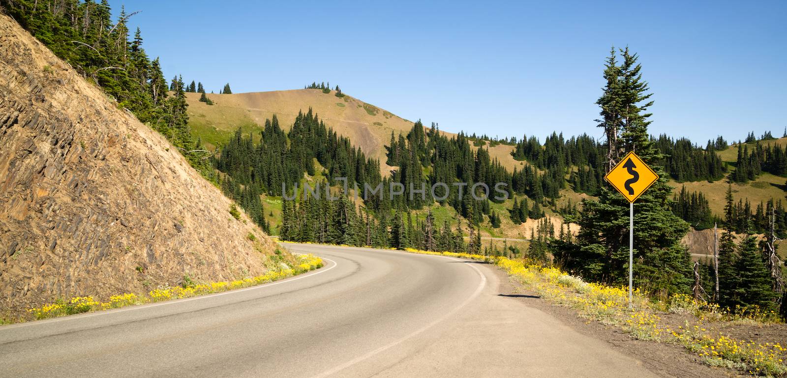Road Sign Indicates Curves Ahead Mountain Landscape by ChrisBoswell