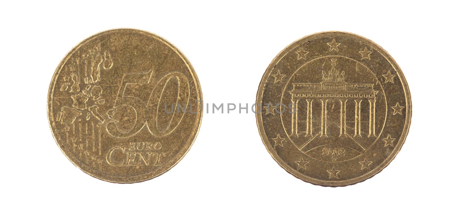 Fifty euro cent on white background, front and back