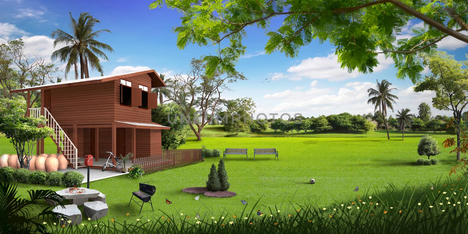 3d wooden house in the meadow