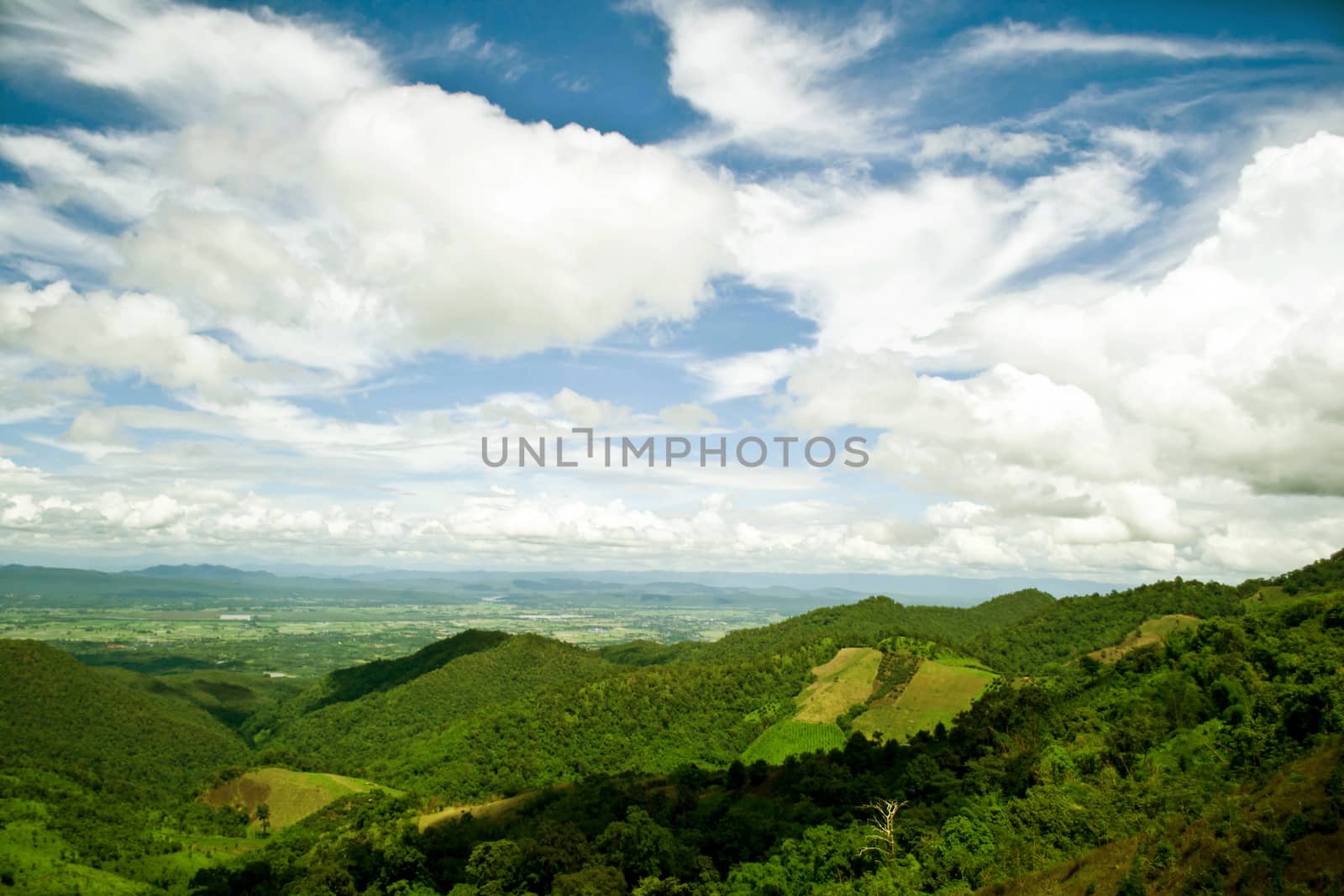 mountains green grass and blue sky landscape by Thanamat